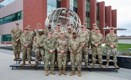 Chaplains from multiple U.S. Strategic Command component commands pose for a photo during a religious affairs readiness workshop at USSTRATCOM headquarters, on Offutt Air Force Base, April 15, 2026.