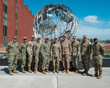 Chaplains from multiple U.S. unified combatant commands pose for a photo during a religious affairs readiness workshop at U.S. Strategic Command headquarters, on Offutt Air Force Base, April 14, 2026.