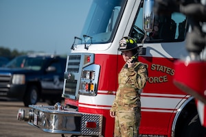 U.S. Air Force Senior Airman Dominic Grant, 42d Civil Engineer Squadron driver operator, listens to a radio at Maxwell Air Force Base, April 16, 2026. Grant was responding to a simulated downed aircraft during MAXFORCE 26-02. (U.S. Air Force photo by Staff Sgt. Evan Porter)