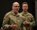 U.S. Air Force Capt. Jesse Stewart, chaplain, 71st Flying Training Wing, speaks during a religious affairs readiness workshop at U.S. Strategic Command headquarters, on Offutt Air Force Base, April 15, 2026.