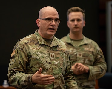 U.S. Air Force Capt. Jesse Stewart, chaplain, 71st Flying Training Wing, speaks during a religious affairs readiness workshop at U.S. Strategic Command headquarters, on Offutt Air Force Base, April 15, 2026.
