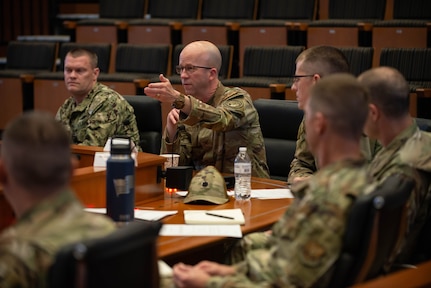 U.S. Air Force Col. Rolf Holmquist, command chaplain, U.S. Strategic Command, speaks during a religious affairs readiness workshop at USSTRATCOM headquarters, on Offutt Air Force Base, April 15, 2026.