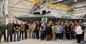 Participants of the 2026 Annual American Indian Meeting pose for a group photo following a tour of the 388th Fighter Wing and its F-35 program. Hill Air Force Base co-hosted the event with the Northwestern Band of Shoshone Nation.  (US Air Force photo by Kendahl Johnson)