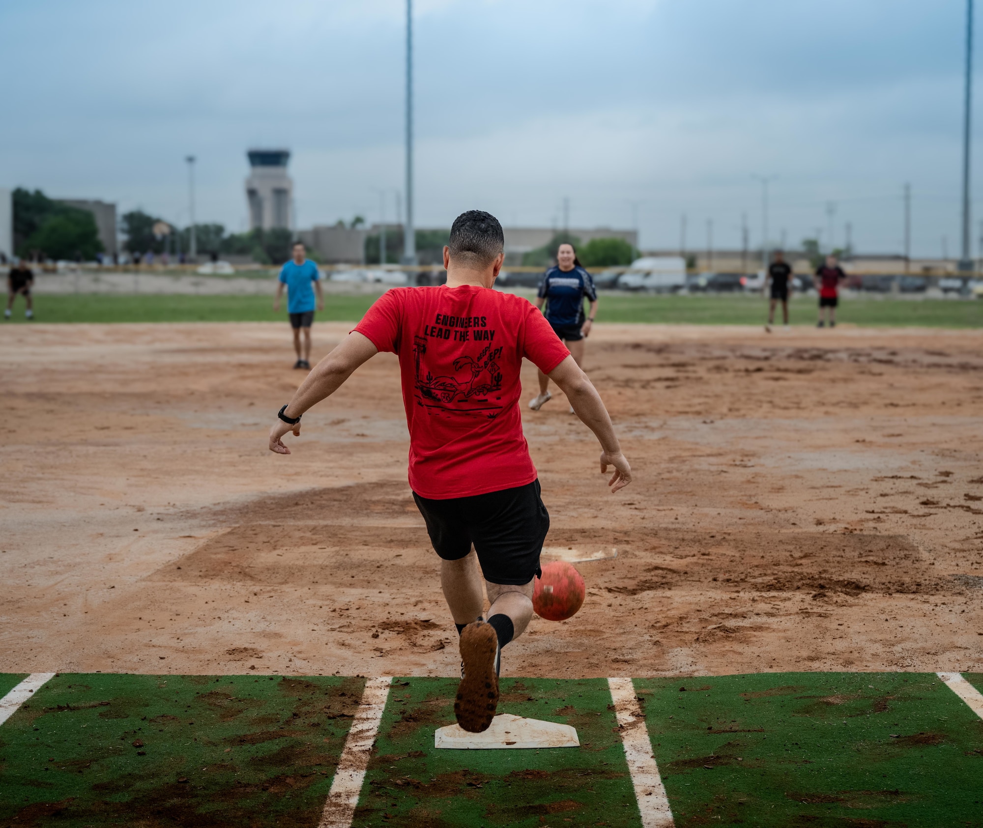 U.S. Air Force Airmen assigned to the 47th Flying Training Wing compete in a kickball game during XL Games at Laughlin Air Force Base, Texas, April 17, 2026. The event fostered teamwork, morale and squadron pride as part of the wing’s quarterly XL Day. (U.S. Air Force photo by Airman 1st Class Darryl Keith)