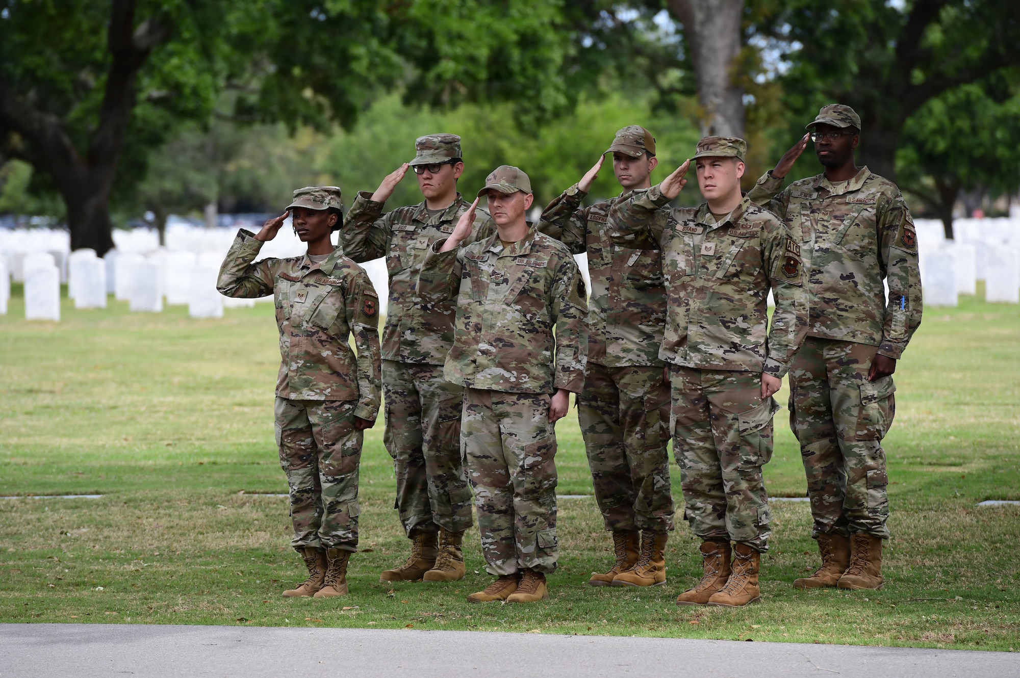 A group of people in military uniform render a salute in a national cemetery.