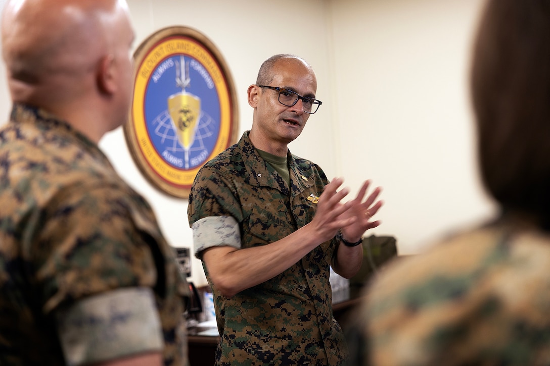 U.S. Navy Rear Adm. Guido Valdes, the Medical Officer of the Marine Corps, speaks with Blount Island Command leaders during a brief on Marine Corps prepositioning programs April 22, 2026, at Marine Corps Support Facility Blount Island, Florida. The Marine Corps’ senior medical advisor and health services director visited the command to gain ground-level insight into prepositioned medical capabilities supporting global operations. (Marine Corps photo by Dustin Senger)