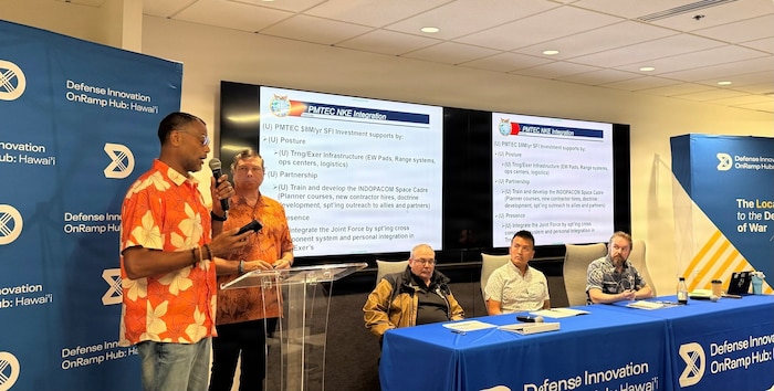 Speakers at the U.S. Indo-Pacific Command J7 Pacific Multi-Domain Training and Experimentation Capability Quarterly Industry Update, hosted by the Defense Innovation OnRamp Hub: Hawaii, discuss opportunities for industry collaboration to enhance multi-domain training capabilities across the Indo-Pacific region, March 13, 2026.