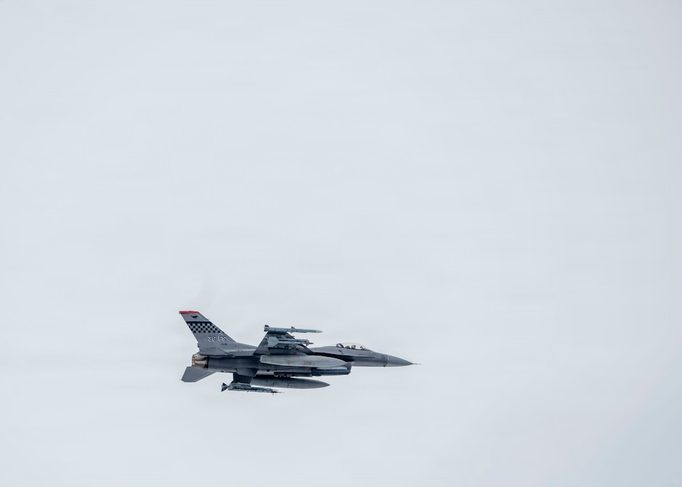 A U.S. Air Force F-16 Fighting Falcon takes off during Red Flag-Alaska 26-1 at Eielson Air Force Base, Alaska, April 20, 2026. Realistic combat training sustains the readiness required for U.S. air and space operations.
