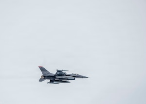 A U.S. Air Force F-16 Fighting Falcon takes off during Red Flag-Alaska 26-1 at Eielson Air Force Base, Alaska, April 20, 2026. Realistic combat training sustains the readiness required for U.S. air and space operations.