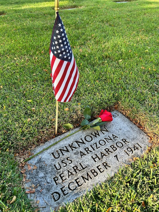 A photo taken of a USS Arizona (BB-39) Unknown grave maker taken at the National Memorial Cemetery of the Pacific in Honolulu on Dec. 6, 2025.