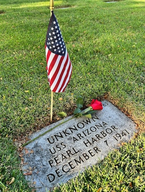 A photo taken of a USS Arizona (BB-39) Unknown grave maker taken at the National Memorial Cemetery of the Pacific in Honolulu on Dec. 6, 2025.