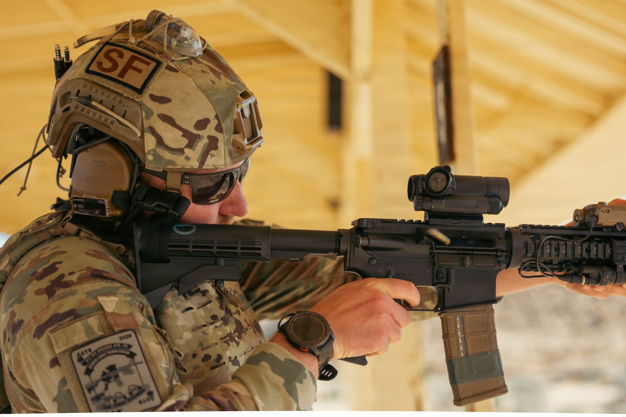 Air Force Senior Airman Isacc Keating, 412th Security Forces Squadron, shoots at a target with his M-4 during the annual Advanced Combat Training Exercise at Edwards Air Force Base, California, April 1, 2026. (Air Force photo by Brandon Hernandez)