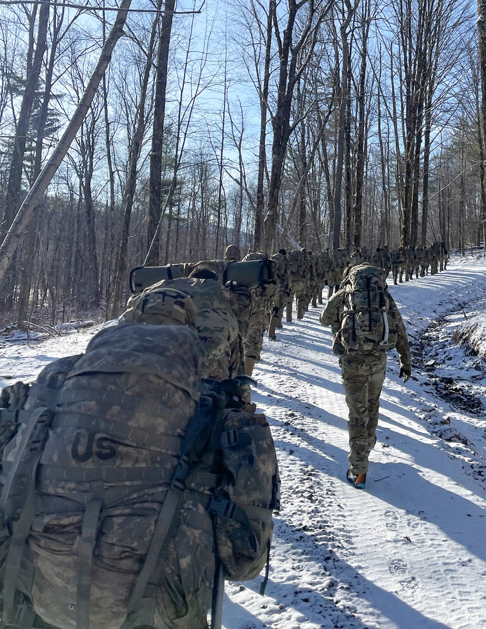 image of military personnel hiking in the woods.