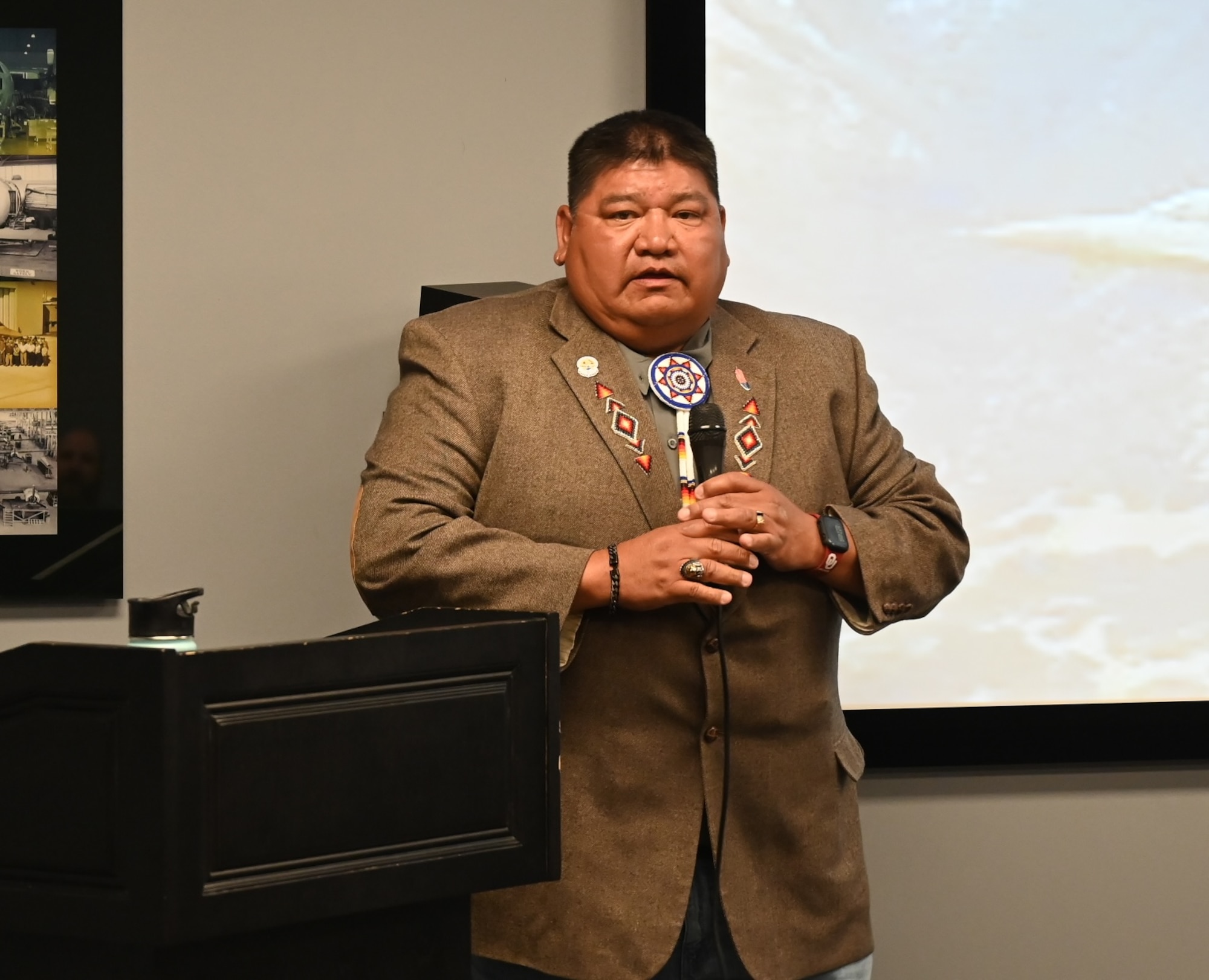 Jason Walker, Northwestern Band of Shoshone Nation (NBSN) chairman, makes remarks at the 2026 Annual American Indian Meeting. Hill Air Force Base co-hosted the event with the NBSN. (US Air Force photo by Kendahl Johnson)