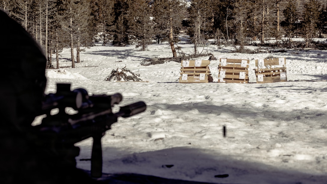 A U.S. Marine with Alpha Company 1st Battalion, 2nd Marine Regiment, 2nd Marine Division, fires an M27 Infantry Automatic Rifle during a live-fire unknown distance range as part of Mountain Warfare Training 2-26 on Marine Corps Mountain Warfare Training Center, Bridgeport, California, March 11, 2026. Marines with Alpha Company conducted the range in order to familiarize themselves with weapon sustainment, enhance marksmanship proficiency and increase combat lethality in cold weather, mountainous environments. (U.S. Marine Corps photo by Lance Cpl. Dominic Trujillo)