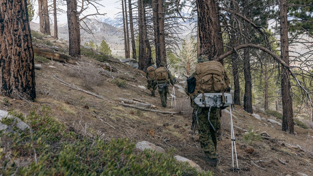 U.S. Marines with Alpha Company, 1st Battalion, 2nd Marine Regiment, 2nd Marine Division, conduct a combat patrol during Mountain Warfare Training Exercise 2-26 on Marine Corps Mountain Warfare Training Center, Bridgeport, California, March 13, 2026. MTX is a one-month-long exercise designed to prepare units to strengthen expeditionary warfare tactics in cold-weather mountainous environments. (U.S. Marine Corps photo by Lance Cpl. Dominic Trujillo)
