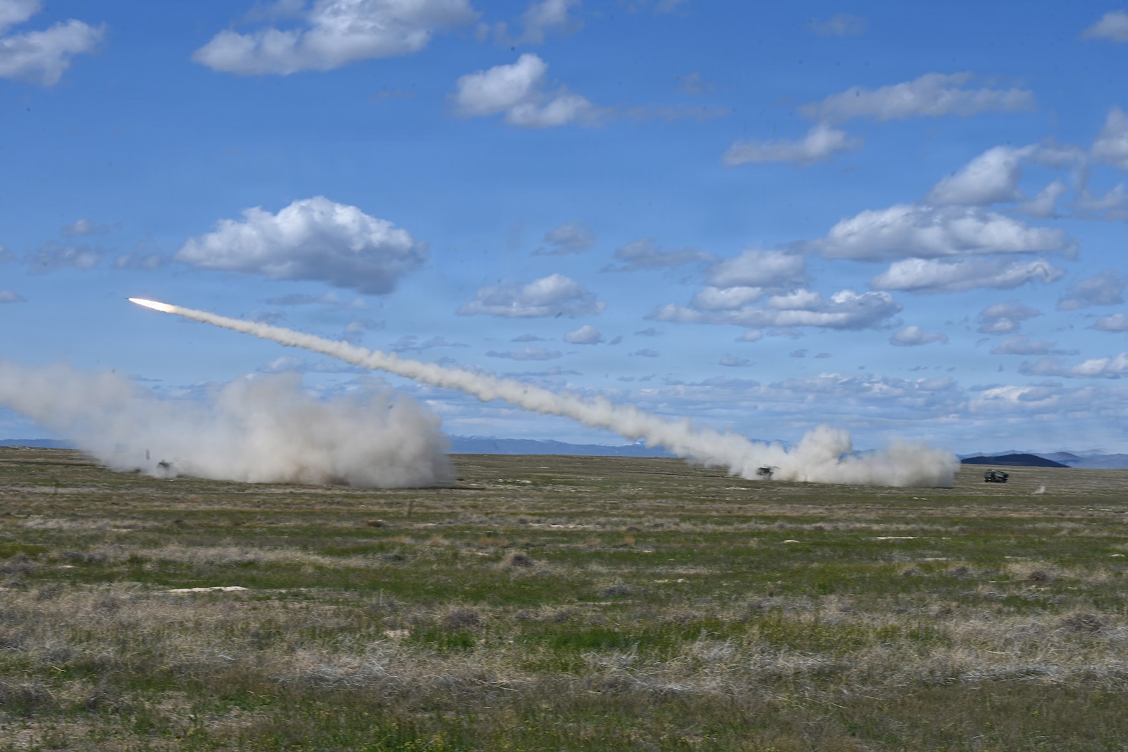 M142 High Mobility Artillery Rocket Systems, or HIMAR, crews fire at Camp Orchard, Boise, Idaho, during I Corps’ Courage Lethality exercise April 17, 2026.