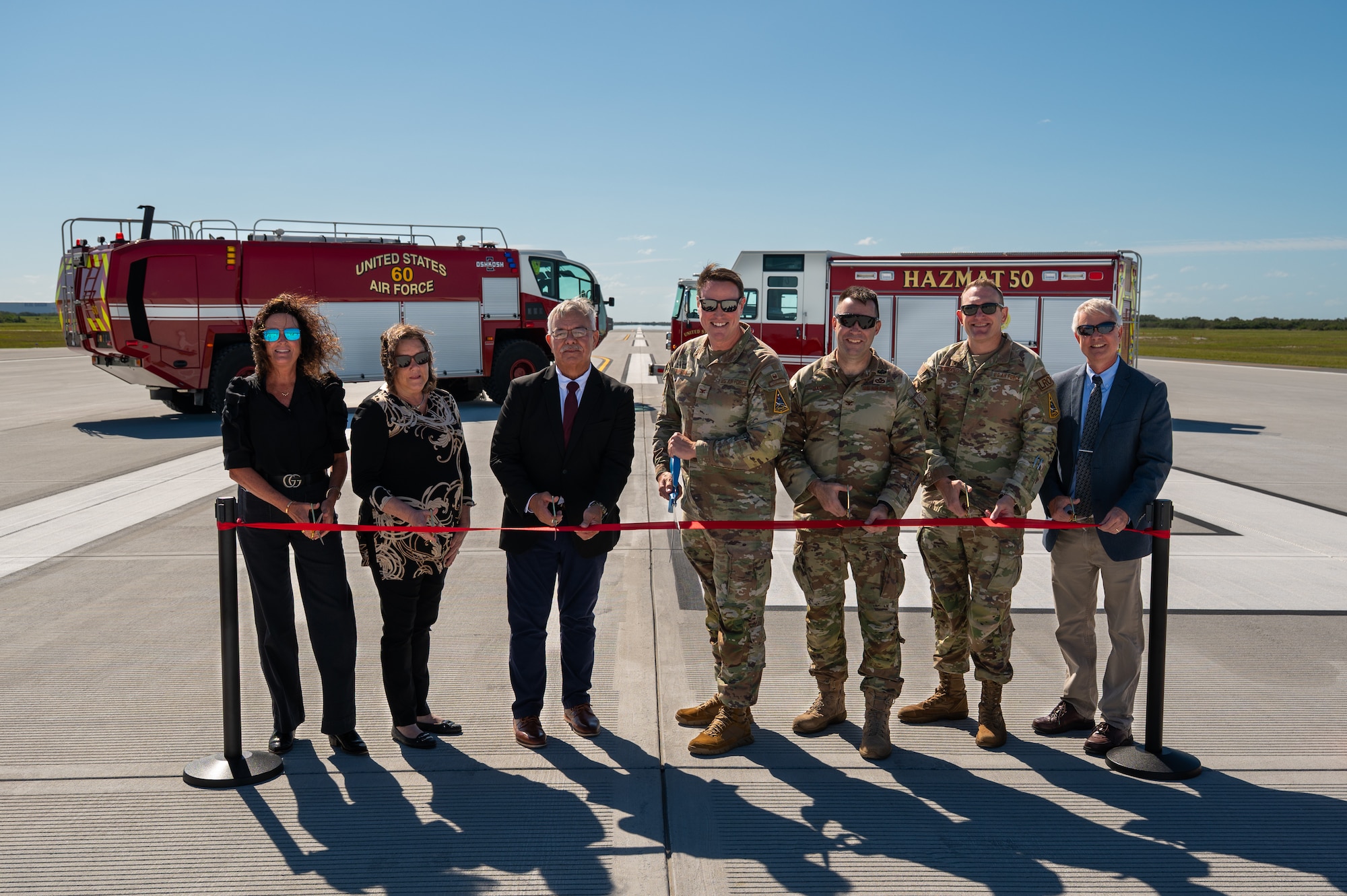 Leadership from Space Launch Delta 45 and the Air Force Civil Engineer Center cut the ribbon to commemorate the renovated Skid Strip at Cape Canaveral Space Force Station on Tuesday, April 21, 2026. The two-year construction project transformed the previously aging 10,000-foot runway into a modern strip ready to support some of the nation’s heaviest military aircraft and payloads, which are critical to supporting the Eastern Range’s record-breaking launch cadence. (U.S. Space Force photo by Amanda Inman).