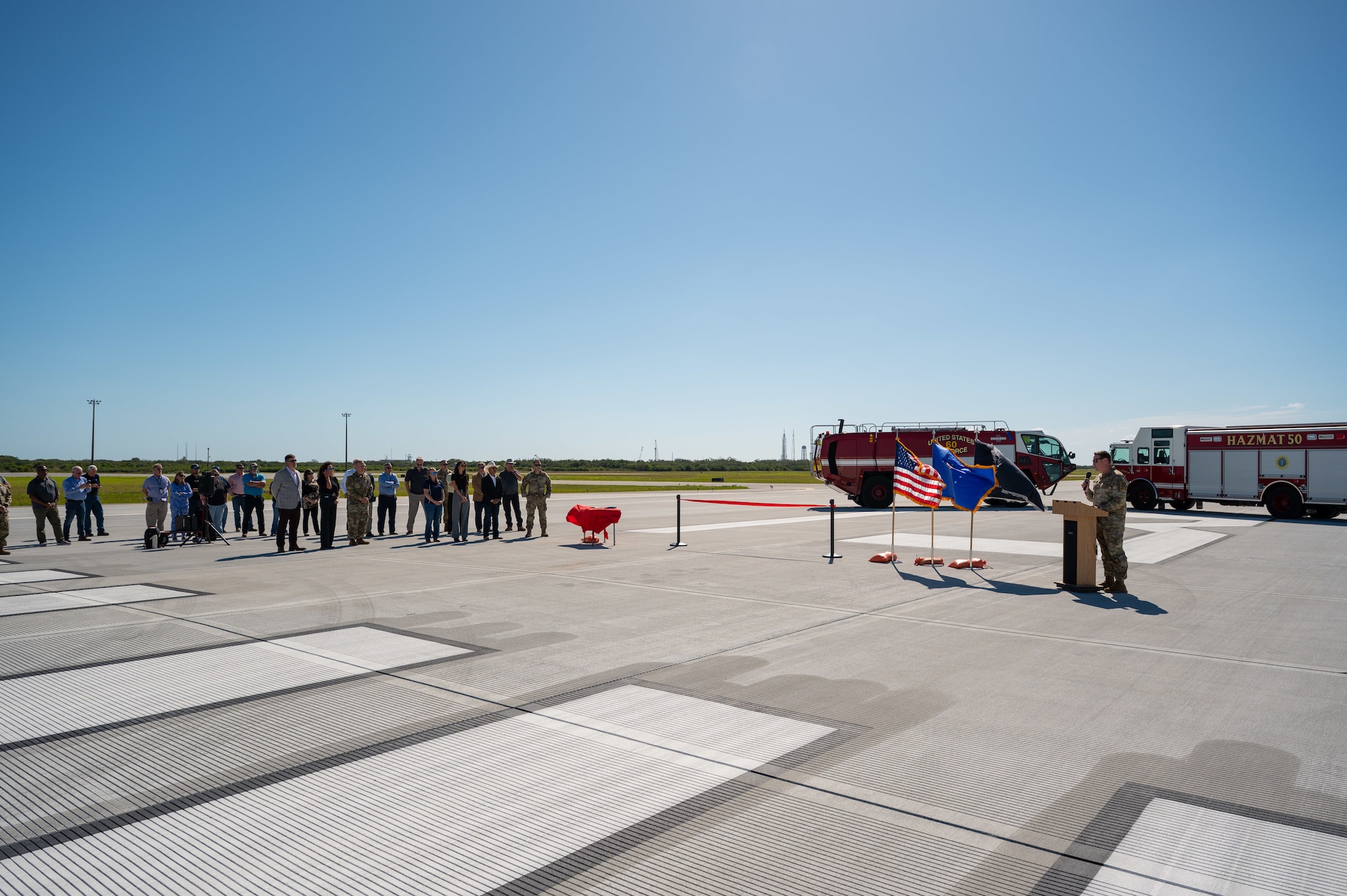 Leadership from Space Launch Delta 45 and the Air Force Civil Engineer Center mark the opening of the renovated Skid Strip at Cape Canaveral Space Force Station on Tuesday, April 21, 2026. The two-year construction project transformed the previously aging 10,000-foot runway into a modern strip ready to support some of the nation’s heaviest military aircraft and payloads, which are critical to supporting the Eastern Range’s record-breaking launch cadence. (U.S. Space Force photo by Amanda Inman).