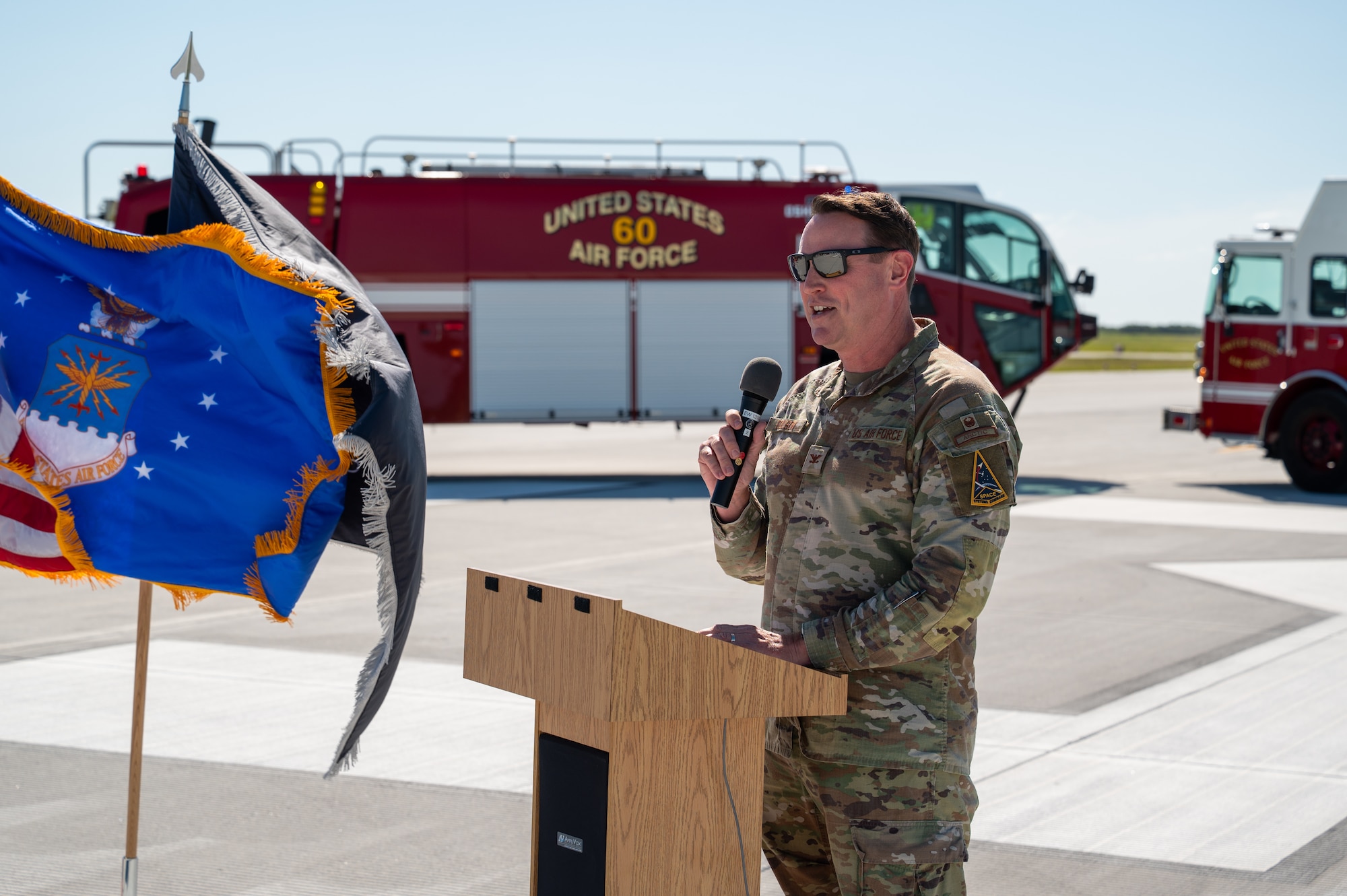 Col. Christopher Bulson, Space Launch Delta 45’s deputy commander for support, marks the opening of the renovated Skid Strip at Cape Canaveral Space Force Station, Florida, on Tuesday, April 21, 2026. The two-year construction project transformed the previously aging 10,000-foot runway into a modern strip ready to support some of the nation’s heaviest military aircraft and payloads, which are critical to supporting the Eastern Range’s record-breaking launch cadence. (U.S. Space Force photo by Amanda Inman).