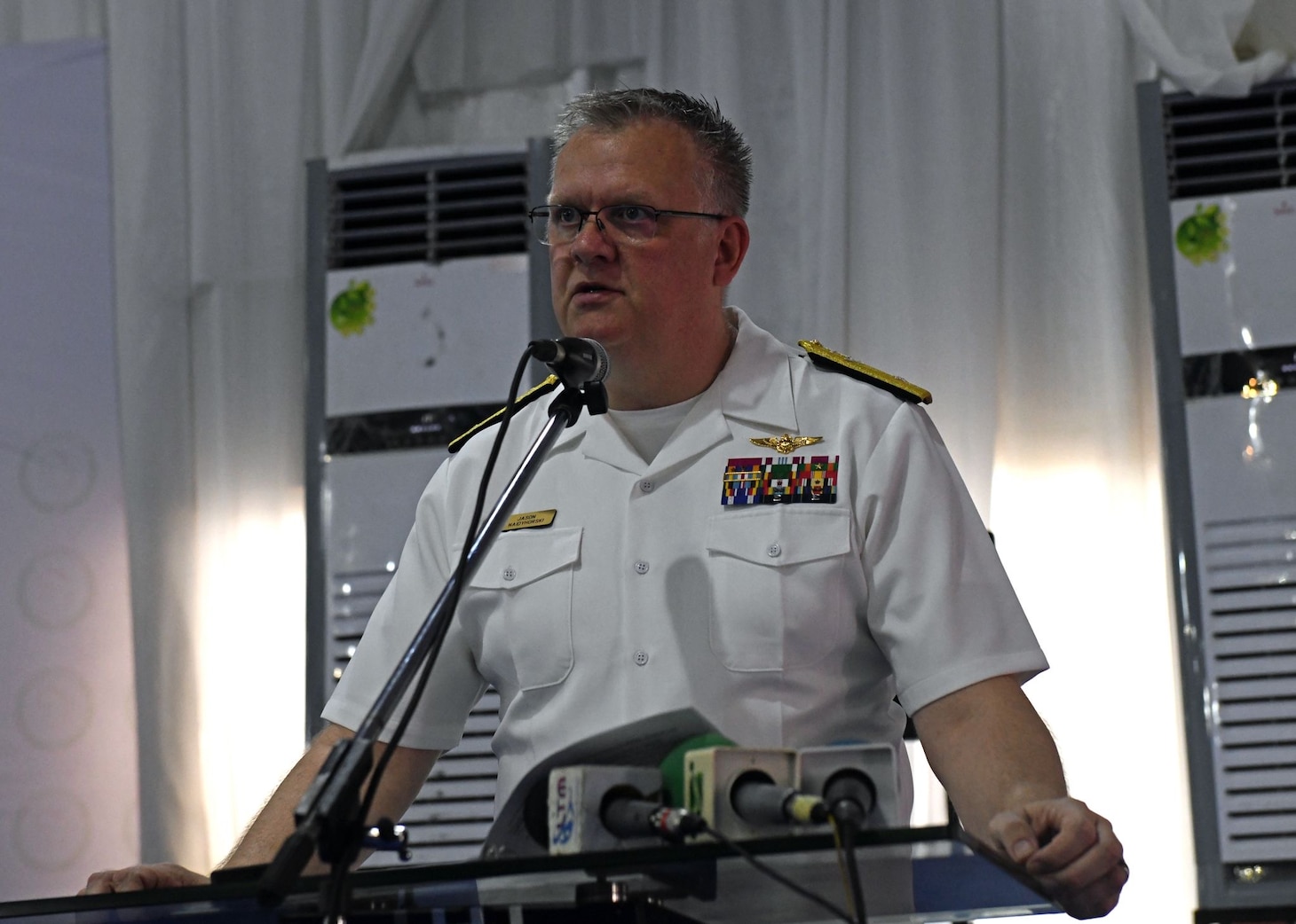 Rear Admiral Jason Naidyhorski, Vice Commander U.S. Sixth Fleet, gives remarks during the opening ceremony of Obangame Express 26.