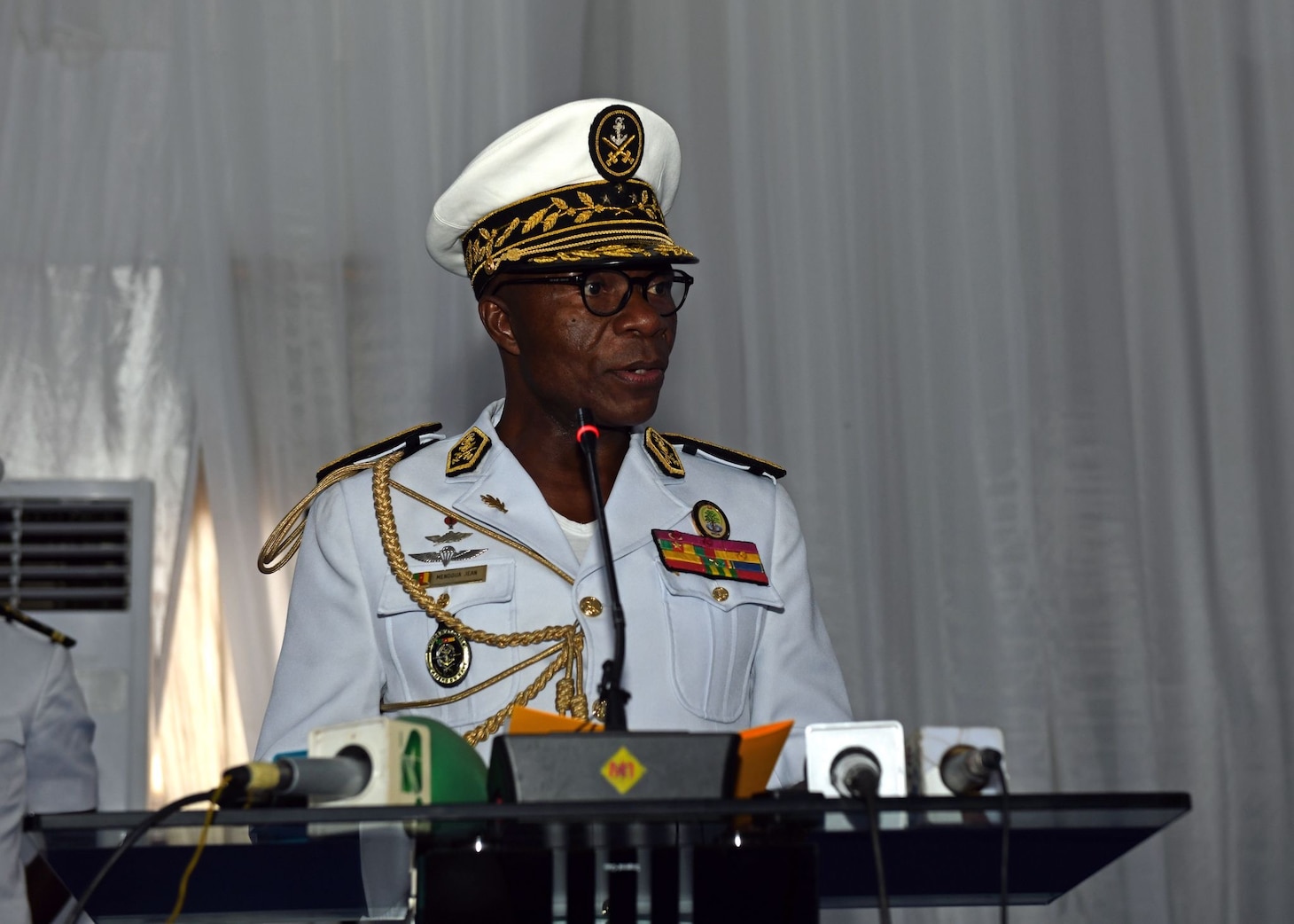Vice Adm. Jean Mendoua, Chief of the Naval Staff of the Cameroonian Navy gives opening remarks during the opening ceremony of Obangame Express 2026.