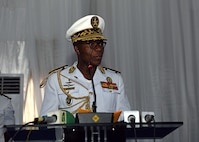Vice Adm. Jean Mendoua, Chief of the Naval Staff of the Cameroonian Navy gives opening remarks during the opening ceremony of Obangame Express 2026.
