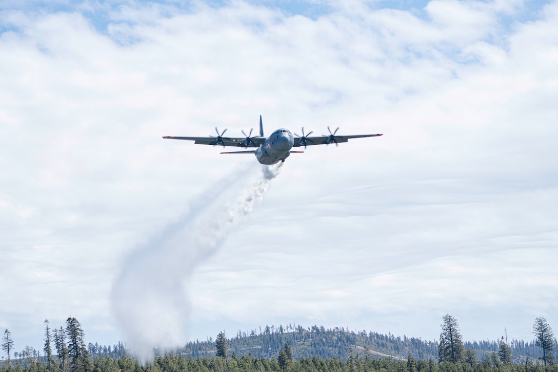 An aircraft flying in a cloudy sky drops water over a forest in the foreground.
