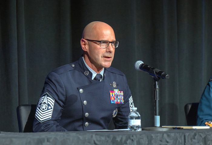 Chief Master Sgt. of the Space Force John F. Bentivegna speaks during a fireside chat panel at the 41st Annual Space Symposium in Colorado Springs, Colo., April 15, 2026. The Space Symposium, held by the Space Foundation, is an opportunity for Department of the Air Force and Space Force senior leaders to meet and address Guardians, allies, partners and industry leaders. (U.S. Air Force photo by Chad Trujillo)
