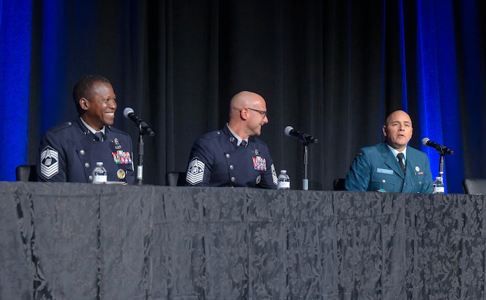 Chief Master Sgt. of the Space Force John F. Bentivegna speaks during a fireside chat panel at the 41st Annual Space Symposium in Colorado Springs, Colo., April 15, 2026. The Space Symposium, held by the Space Foundation, is an opportunity for Department of the Air Force and Space Force senior leaders to meet and address Guardians, allies, partners and industry leaders. (U.S. Air Force photo by Chad Trujillo)
