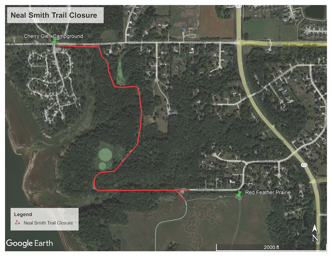 A map showing the portion of the Neal Smith Trail, from Red Feather Prairie Access north to the Cherry Glen Recreation Area at Saylorville Lake that will be closed May 6-8, 2026.