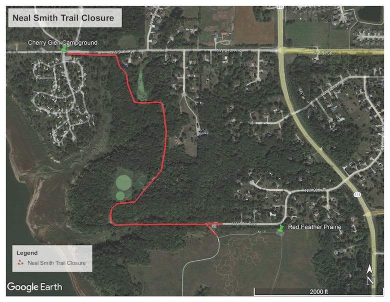 A map showing the portion of the Neal Smith Trail, from Red Feather Prairie Access north to the Cherry Glen Recreation Area at Saylorville Lake that will be closed May 6-8, 2026.