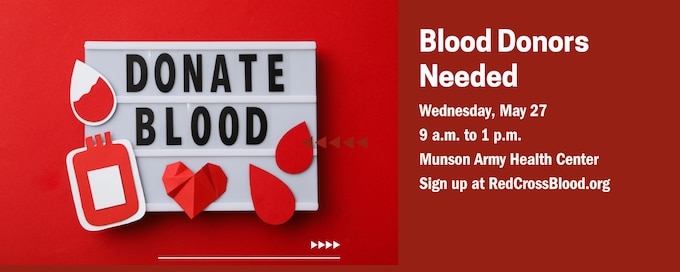 #savethedate The American Red Cross is hosting a blood drive at Munson Army Health Center from 9 a.m. to 1 p.m. Wednesday, May 27.
 
To make an appointment, visit: RedCrossBlood.org and enter FortLeavenworth or 66027