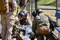 First-year medical students at the Uniformed Services University of the Health Sciences conduct a medical evacuation training exercise with a UH-60L MEDEVAC Black Hawk assigned to the D.C. Army National Guard Aviation Battalion in Bethesda, Maryland, on April 10, 2026. The training provided medical school applicants and first-year medical students with instruction in medical evacuation procedures and tactical combat casualty care (TCCC).