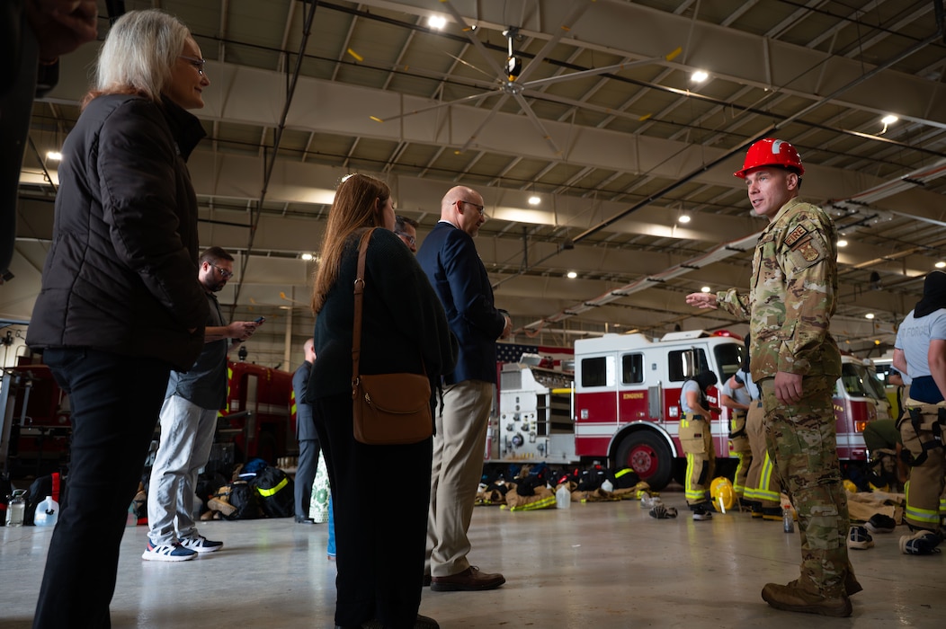 U.S. Air Force Tech Sgt. Hunter Larson, Louis F. Garland Department of War Fire Academy instructor, speaks to members of the Military Affairs Committee at the fire academy.