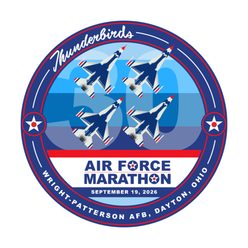 The 2026 Air Force Marathon official patch features the U.S. Air Force Thunderbird F-16 Fighting Falcon.