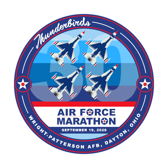 The 2026 Air Force Marathon official patch features the U.S. Air Force Thunderbird F-16 Fighting Falcon.