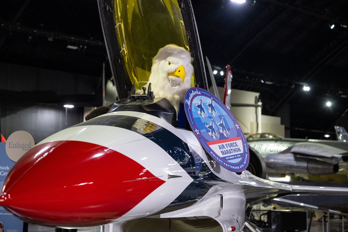 Tailwind, the Air Force Marathon mascot, sits in the cockpit of an F-16 Thunderbird, selected as the featured aircraft for the 30th Annual Air Force Marathon scheduled for September 2026. The announcement was made during a news conference April 22, 2026, at the National Museum of the U.S. Air Force. (U.S. AIr Force photo by Jack Gardner)