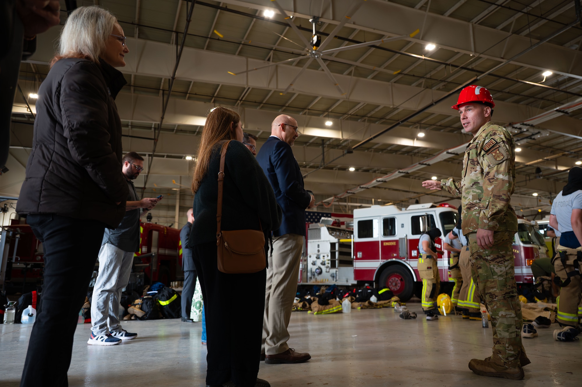 U.S. Air Force Tech Sgt. Hunter Larson, Louis F. Garland Department of War Fire Academy instructor, speaks to members of the Military Affairs Committee at the fire academy.