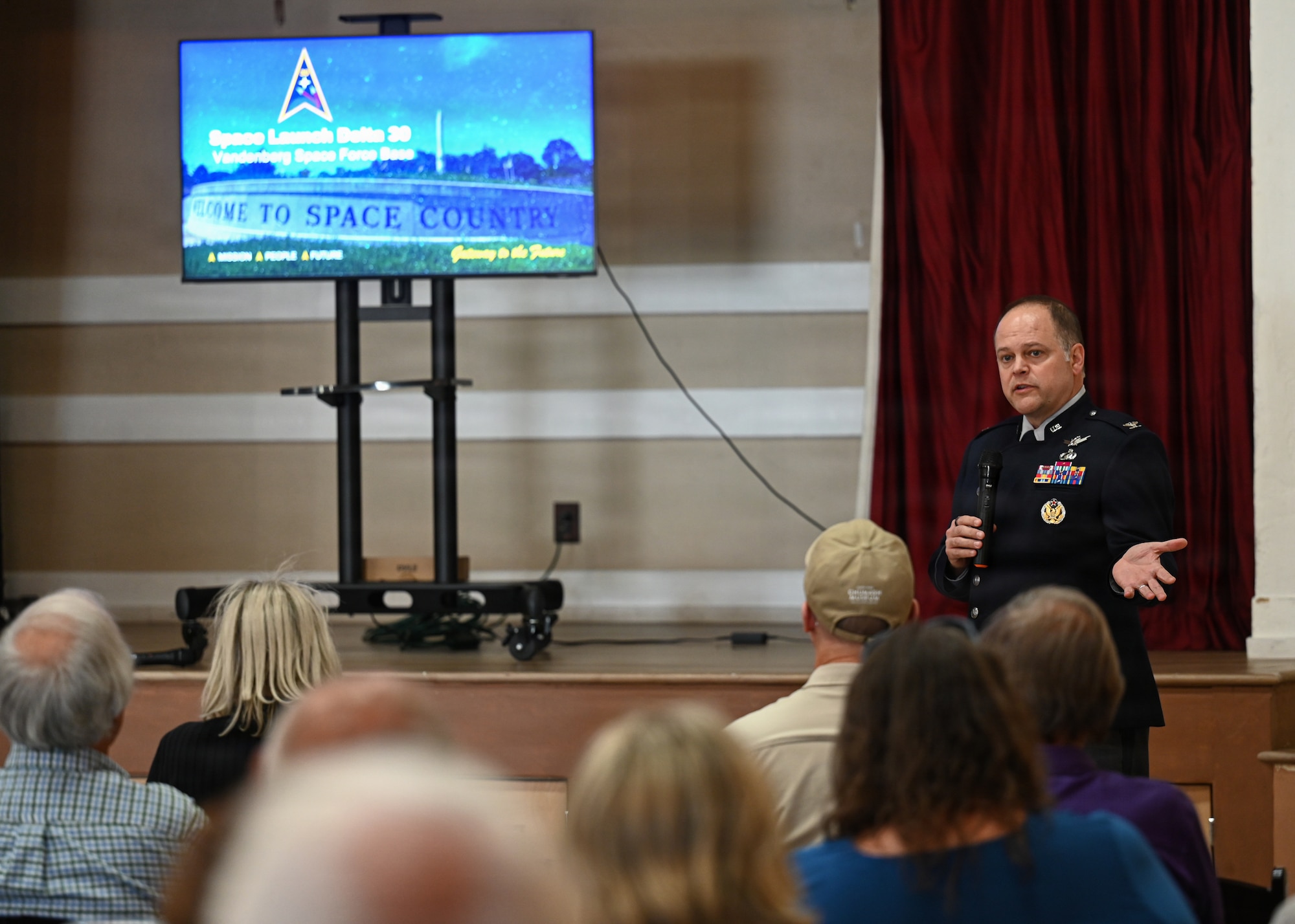 Carpinteria community members listen to a discussion during a Vandenberg Mission Update speaker series event hosted in Carpinteria, Calif., April 22, 2026.