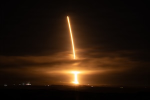 A Falcon 9 rocket carrying the Starlink 17-14 mission launches from Space Launch Complex 4 East at Vandenberg Space Force Base, Calif., April, 2026