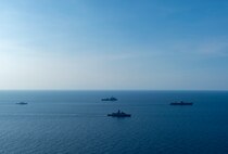 From left: Philippine Coast Guard Boracay-class patrol boat BRP Boracay (FPB-2401), U.S. Navy Whidbey Island-class dock landing ship USS Ashland (LSD 48), Royal Australian Navy Anzac-class frigate HMAS Toowoomba (FF 156), and U.S. 7th Fleet flagship USS Blue Ridge (LCC 19) conduct a group sail during a multilateral exercise with the Armed Forces of the Philippines and Royal Australian Navy in the Sulu Sea, April 13, 2026. U.S. 7th Fleet, the U.S. Navy’s largest forward-deployed numbered fleet, routinely interacts and operates with allies and partners in preserving a free and open Indo-Pacific. (U.S. Navy Photo by Mass Communication Specialist Seaman Nicholas Douglass)