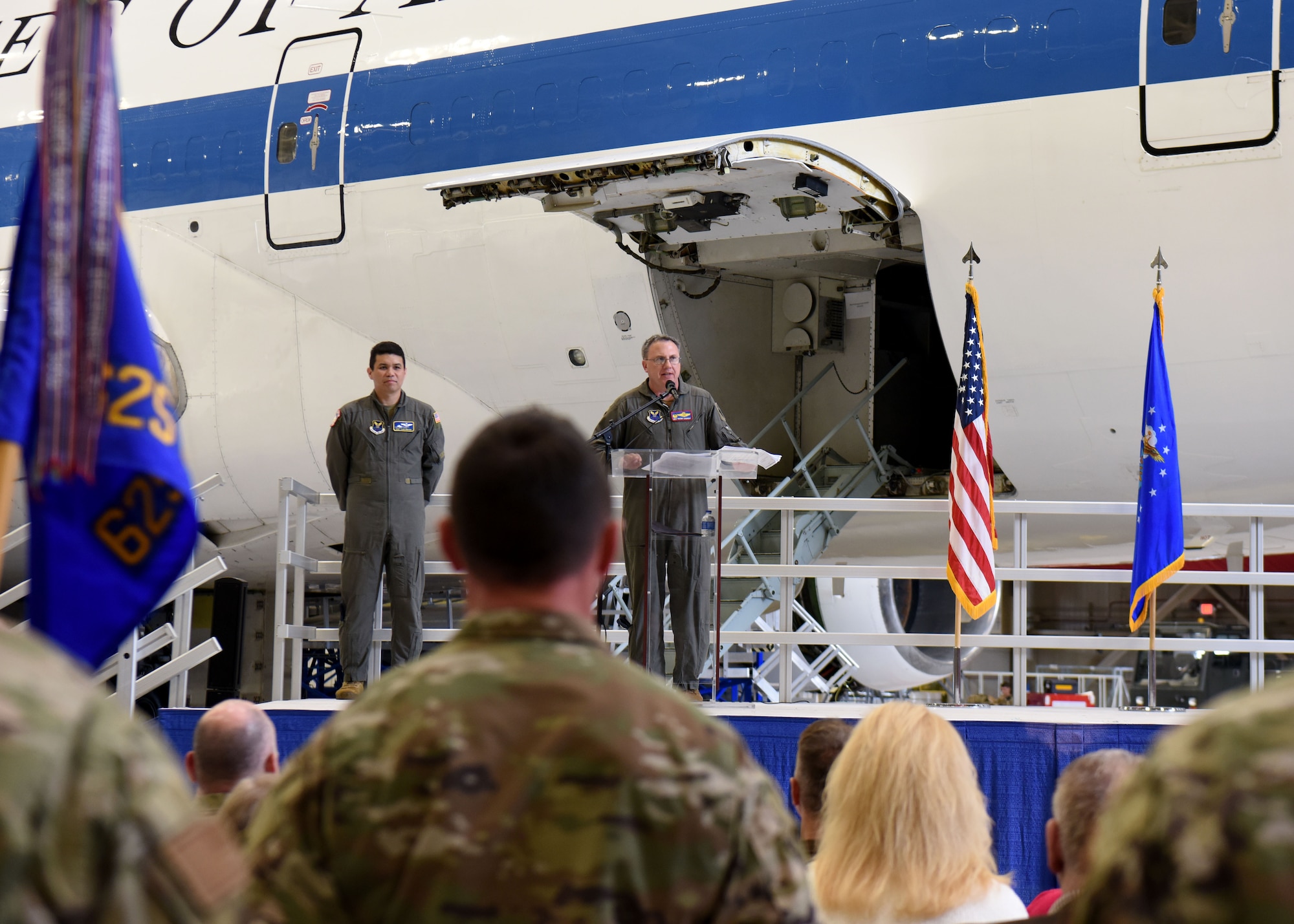 Col. David Leaumont, 95th Wing commander, speaks to Airmen