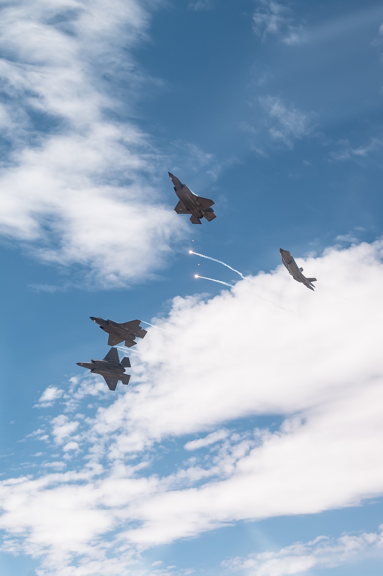 U.S. Air Force F-35A Lightning II aircraft assigned to the 56th Fighter Wing showcase defensive capabilities by deploying flares