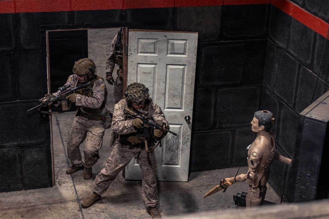 U.S. Marines with Light Armored Reconnaissance Company, Battalion Landing Team 3/6, 22nd Marine Expeditionary Unit (Special Operations Capable), enter a room during a live-fire shoot house at Camp Santiago, Puerto Rico, April 18, 2026. U.S. military forces are deployed to the Caribbean in support of the U.S. Southern Command mission, Department of War-directed operations, and the president’s priorities to disrupt illicit drug trafficking and protect the homeland. (U.S. Marine Corps photo)