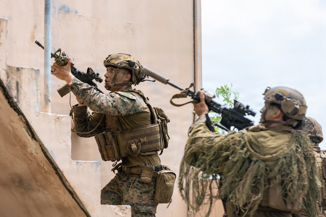 U.S. Marines with Light Armored Reconnaissance Company, Battalion Landing Team 3/6, 22nd Marine Expeditionary Unit (Special Operations Capable), sight in   during a tactical recovery of aircraft and personnel training at Camp Santiago, Puerto Rico, April 16, 2026. U.S. military forces are deployed to the Caribbean in support of the U.S. Southern Command mission, Department of War-directed operations, and the president’s priorities to disrupt illicit drug trafficking and protect the homeland. (U.S. Marine Corps photo)