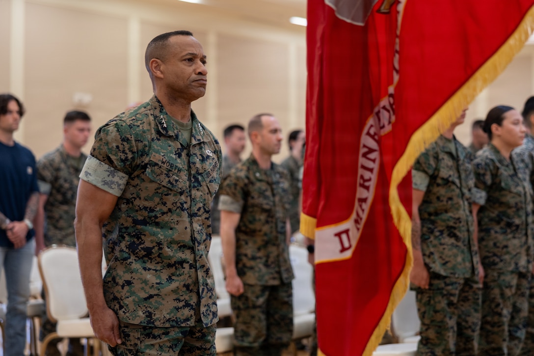 U.S. Marine Corps Lt. Gen. Calvert L. Worth Jr., the Commanding General of II Marine Expeditionary Force, stands at attention during the Marines and Sailors of the Year Ceremony on Marine Corps Base Camp Lejeune, April 22, 2026. The Marine and Sailor of the Year distinctions recognize Marines and Sailors who exceed expectations and have contributed significantly to the mission effectiveness of their unit. (U.S. Marine Corps photo by Lance Cpl. Dorian Melrath)