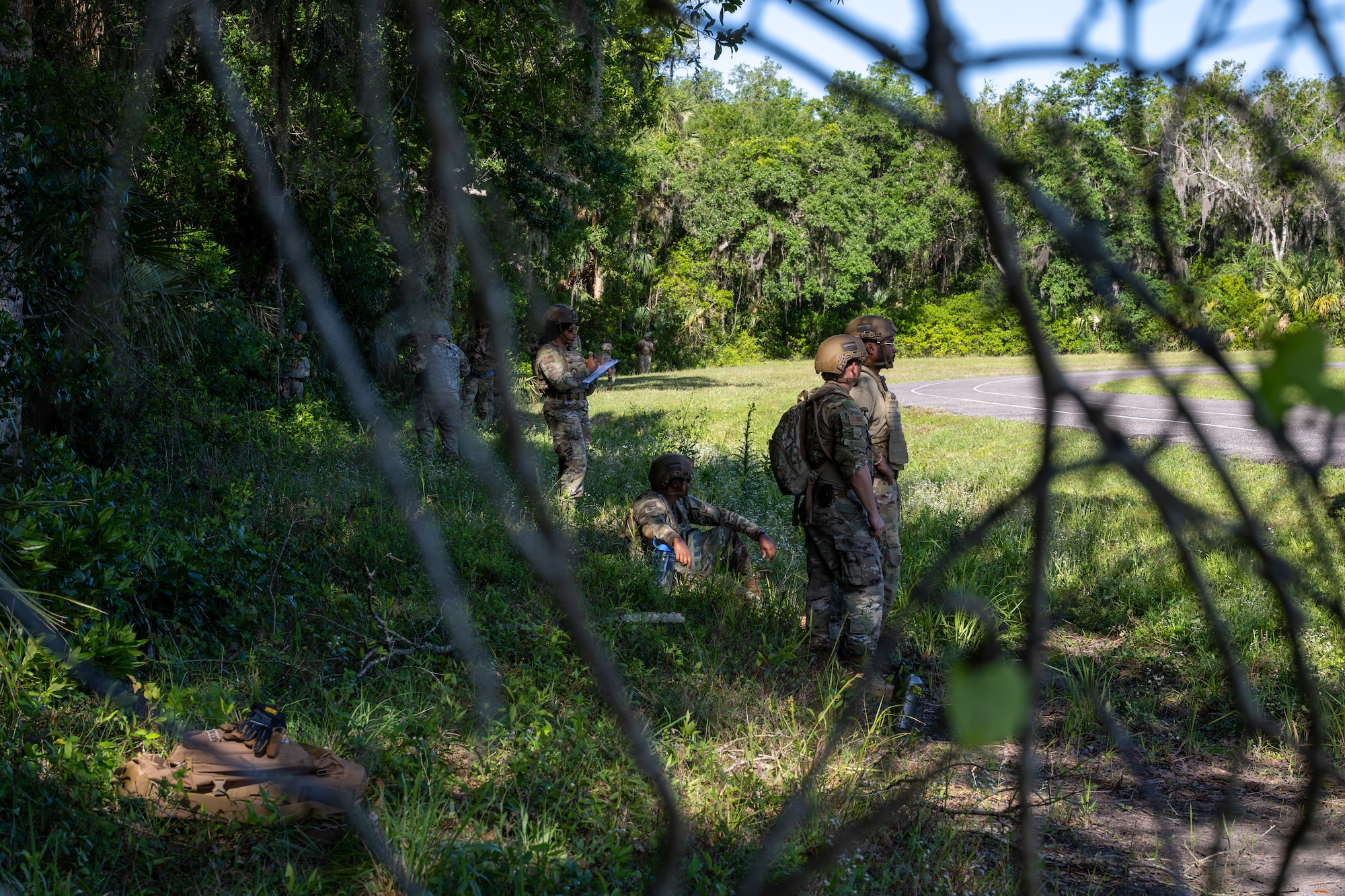 People sit in a treeline.