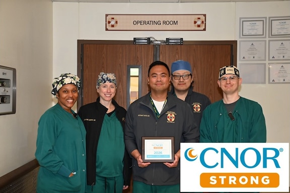 Keller Army Community Hospital Operation Room Nurses are pictured (from l-r): Naima Holloway, Jeanine Duggan, Maj. Anthony David, Sehoun Kim, and Maj. Robert Caito. Not pictured are Capt.(P) Freddy Harozuniga and Maj. Candace Jackson.