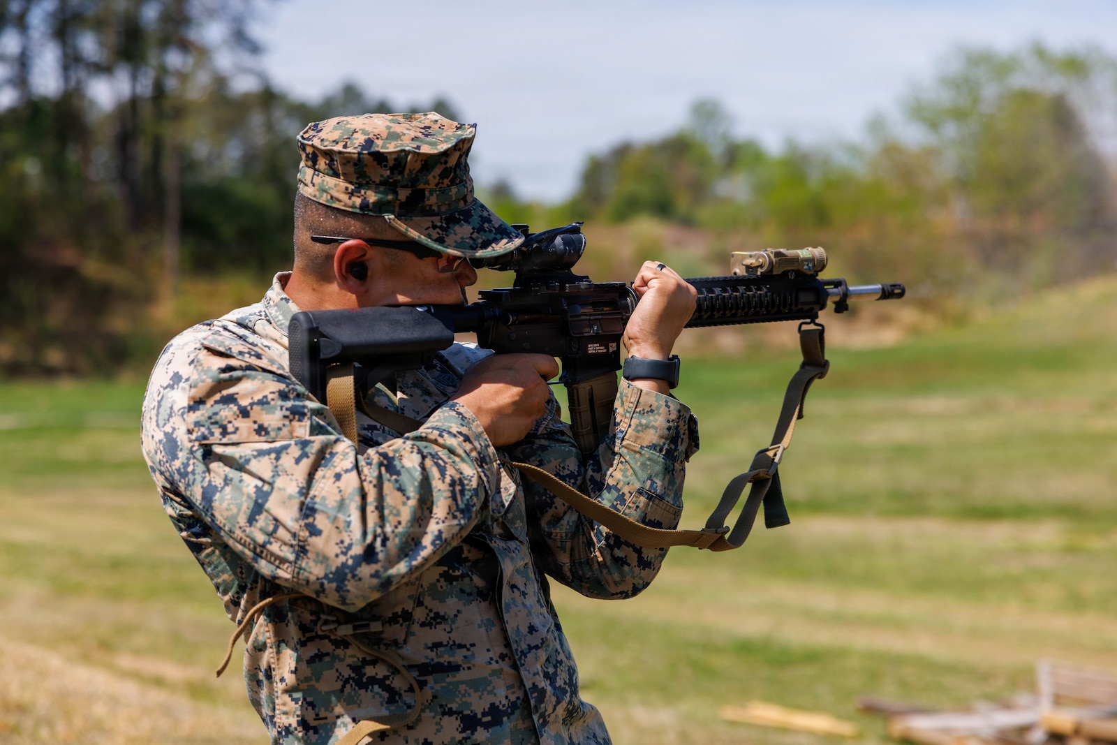 U.S. Marine Corps Staff Sgt. Seyha Lek, an assistant course chief with Marine Corps Detachment Fort Leonard Wood, competes in the Marine Corps Rifle Competition at Weapons Training Battalion on Marine Corps Base Quantico, April 15, 2026. The competition showcases the Marine Corps’ top emerging shooters from regional competitions to determine the top rifle and pistol competitors, while also featuring team matches, night fire, and counter-UAS marksmanship. (U.S. Marine Corps photo by Lance Cpl. Federico S. Marquez)